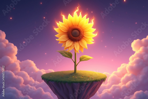 A magical sunflower with petals of fire blooming on a floating island amidst a dreamy twilight sky