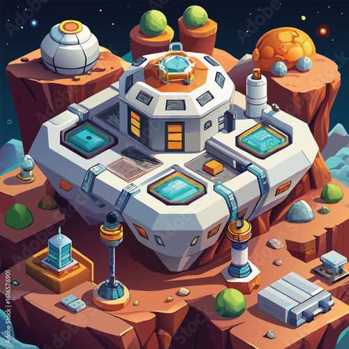 Isometric Sci Fi Base on an Alien Planet with Futuristic Architecture