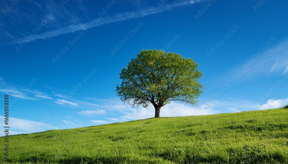 Obraz premium a lone tree stands on a grassy hill against a clear blue sky with a few scattered clouds