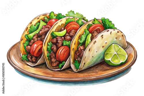 Food of Mexican tacos filled with beef, salsa, avocado, tomato, and lettuce in a crispy tortilla shell. Fun cartoon vector on white background, banner style