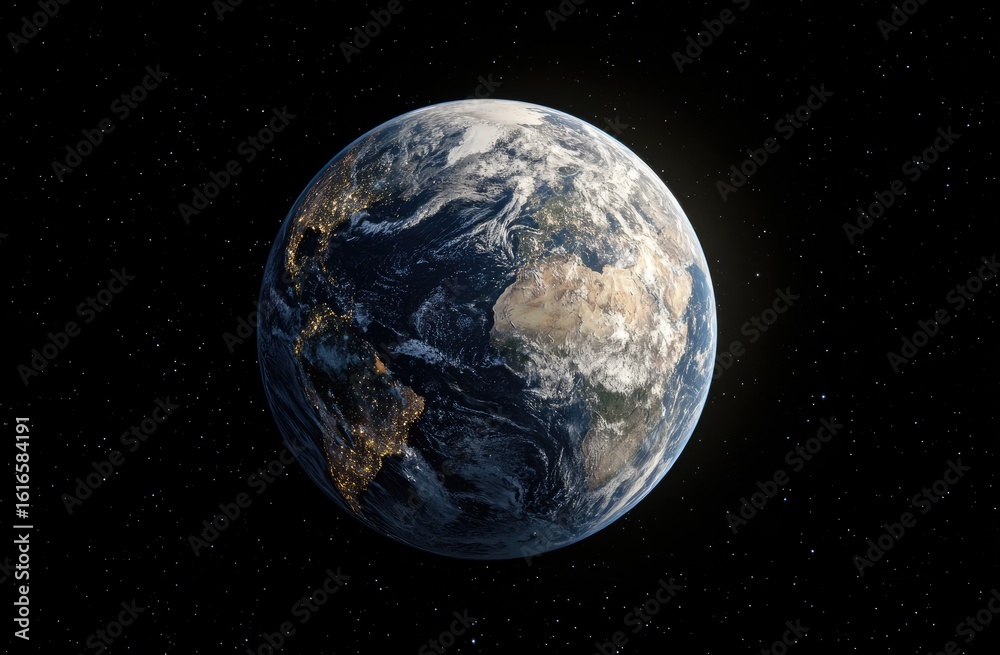 Obraz premium Earth at night, space view, city lights, clouds, global perspective, environmental awareness