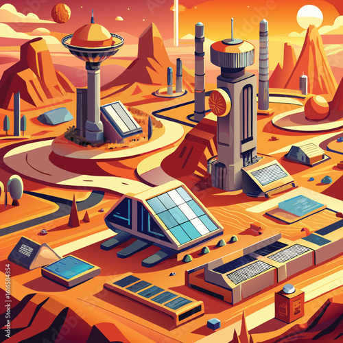 Futuristic Mars Colony Illustration with Buildings Solar Panels and Transportation System