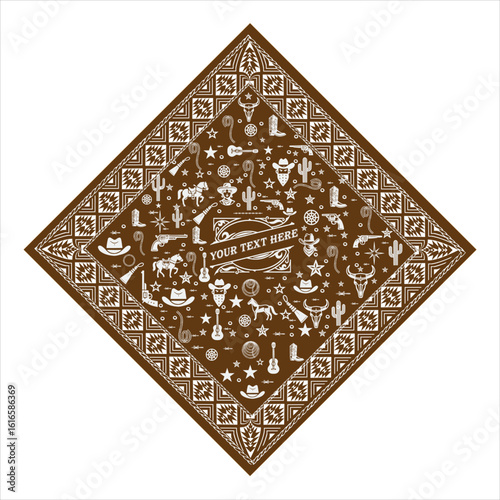 Vector art of brown western bandana with cowboy motifs isolated on white background
