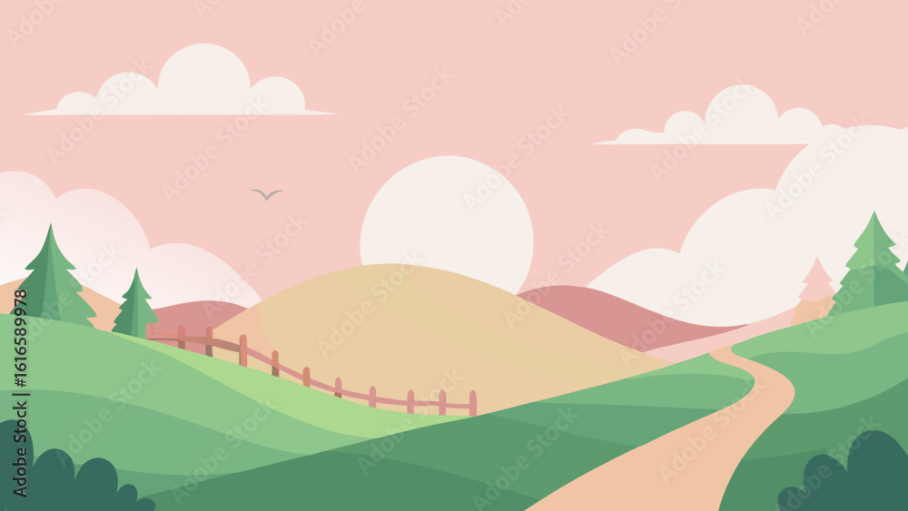 Obraz premium Serene summer landscape featuring green mountains, a clear sky, and a vibrant meadow with trees and colorful flowers, perfect for a cheerful countryside illustration