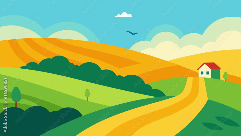 Obraz premium Vector illustration of a vibrant summer landscape with green hills, blue sky, and majestic mountains under the sun