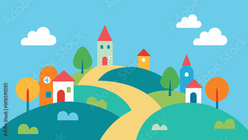 An autumnal village landscape illustration with houses and trees under a clear sky