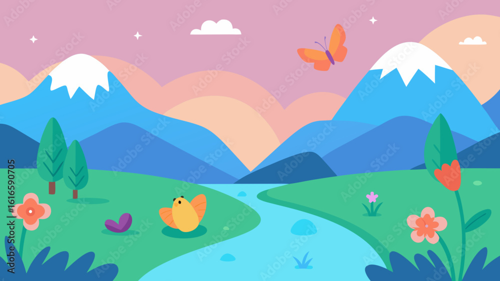 Obraz premium Lush spring and summer landscapes feature vibrant flowers, rolling hills, and majestic mountains under a bright sky, often depicted in a natural or cartoon illustration style