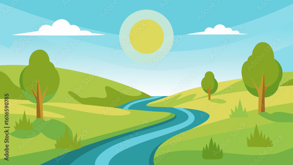 Fototapeta premium Summer landscape with a road, green trees, and a clear sky over rolling hills and meadows