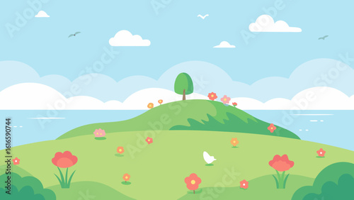 A vibrant summer landscape featuring a serene lake, blooming flowers, and majestic mountains under a clear sky