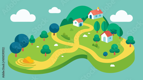 Lush green landscape with trees, rolling hills, and a vibrant sky, perfect for a summer nature illustration