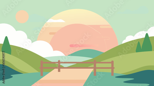 Vibrant summer landscape illustration with green grass, a lone tree, and a serene sky at sunset