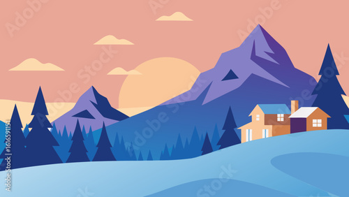 A breathtaking snowy winter landscape featuring a majestic castle or cozy house nestled among frost-covered trees and a towering mountain range under a serene sky