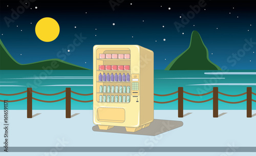Vending machine by the sea under a starry night sky with a glowing moon. Vector illustration