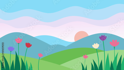 Colorful spring meadow with flowers under a clear sky, an idyllic nature landscape