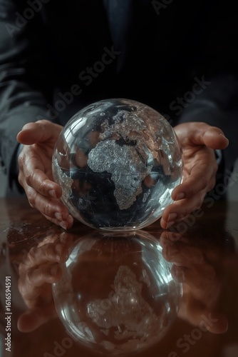 Business Professional with Glass Globe Representing Global Vision