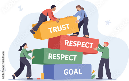 Teamwork building blocks with trust respect and goal for success concept