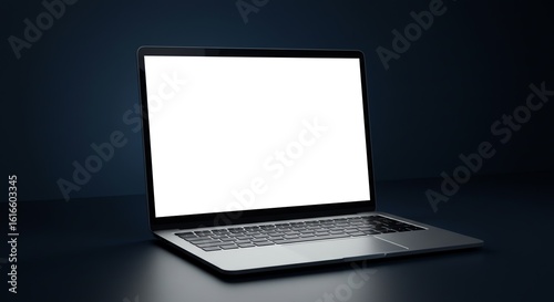 A modern laptop with a blank white screen is displayed on a dark surface, angled slightly for a clear view.