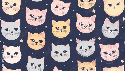 Cute cat faces in a space pattern