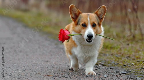 Adorable Corgi Carrying a Red Rose / 赤いバラを運ぶ愛らしいコーギー犬