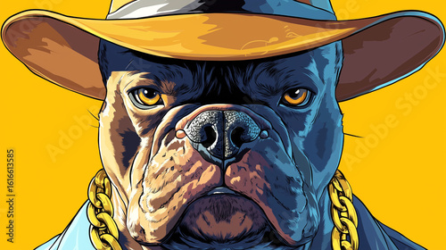 Cool Cartoon Bulldog Portrait with Hat and Gold Chain