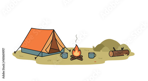 Camping scene with tent, campfire, and mugs in a minimalistic cartoon style