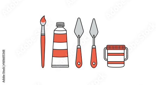 Minimal art tools collection with brush, paint tube, spatulas, and jar in red and white