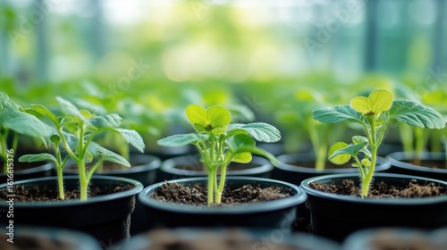 Young Plants Growing in Pots Within a Greenhouse Surrounded by a Lush and Vib...