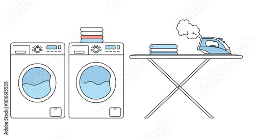 Home laundry setup with washing machines and ironing board
