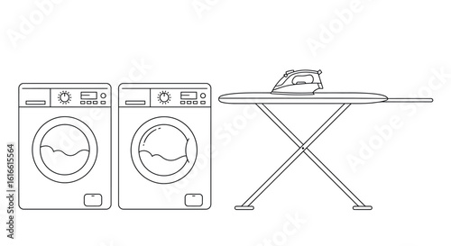 Minimalist laundry room design with washing machines and ironing board