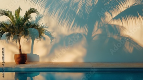 Palms Casting Shadows Near a Tranquil Pool During a Sunny Afternoon.