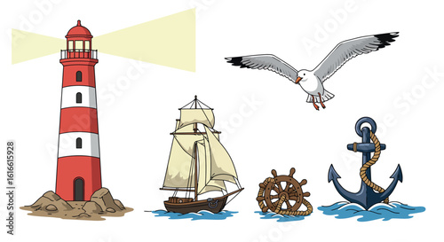 Nautical elements set with lighthouse, sailing ship, seagull, anchor, and helm