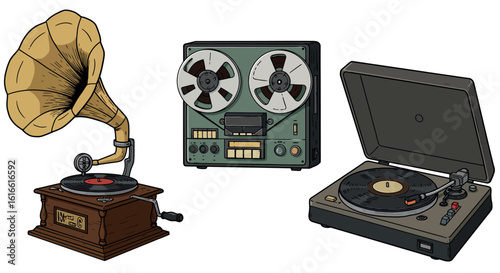 Vintage audio equipment collection featuring gramophone, reel to reel tape, and record player