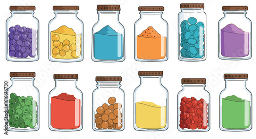 Colorful jars filled with assorted spices and herbs in a hand-drawn style