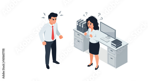 Isometric office conflict scene depicting angry colleagues arguing at workplace desk