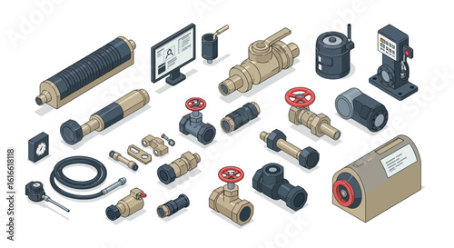Industrial hydraulic components and equipment collection in isometric design
