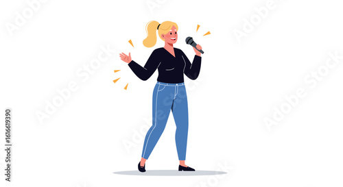 Flat style woman singing with microphone isolated on white background