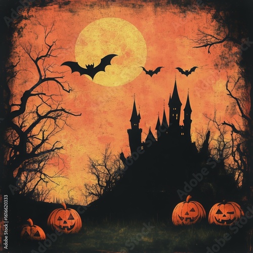 Spooky Castle Silhouette With Bats and Pumpkins During Halloween Evening.