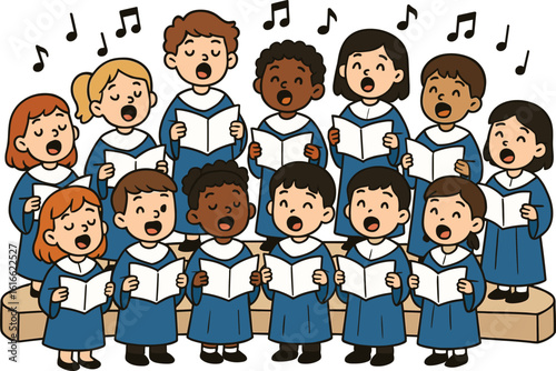 Children choir group singing on stage in blue robes, music performance with notes, school concert, kids vocal harmony event