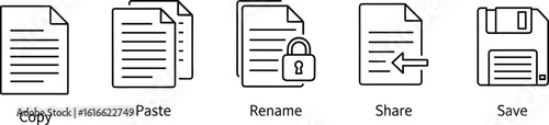 CAD-style file management icons: copy, paste, rename, share, save — vector outline set for software UI and productivity tools