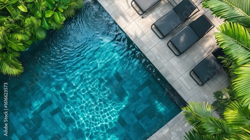 Elegant Swimming Pool Surrounded by Lush Greenery on a Sunny Day in a Private...