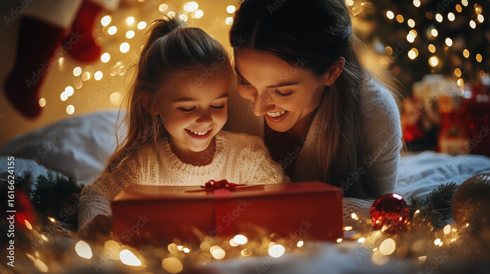 A Mother and Her Daughter Smile Brightly as They Open a Red Gift Box Together at Home A Mother and Her Daughter Smile Brightly as They Open a Red Gift Box Together at Home