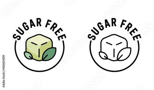 Sugar Free Logos with Cube and Leaves Icon, Symbol for Healthy Diet Food