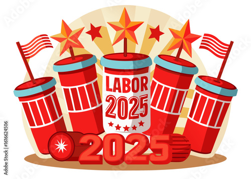 Vector illustration of red plastic cups with stars, skewers on a grill, and ketchup, celebrating Labor Day with festive elements and vibrant colors for summer gatherings