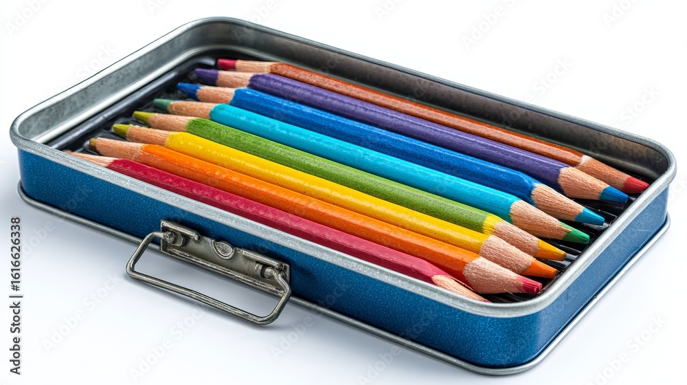 Fototapeta premium Collection of colorful wooden pencils arranged in a metal tin box for art and creativity activities Generative AI