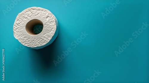 Roll of Toilet Paper on Vibrant Blue Background Indoors During Daytime