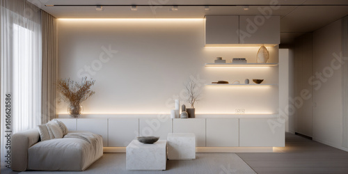 Modern Minimalist Living Room with Neutral Tones and Soft Lighting