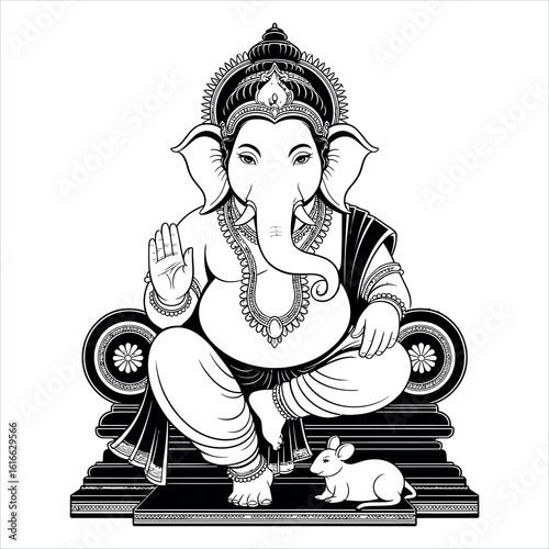 Elegant Black and White Illustration of Lord Ganesha.