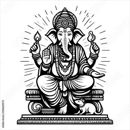 Elegant black and white illustration of Lord Ganesha, Hindu deity.