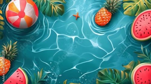 Colorful Summer Pool Party Decorations With Fruits and Beach Balls in Sunny S...