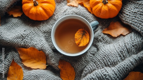 Cozy Autumn Tea With Leaves and Pumpkin on a Knitted Blanket.